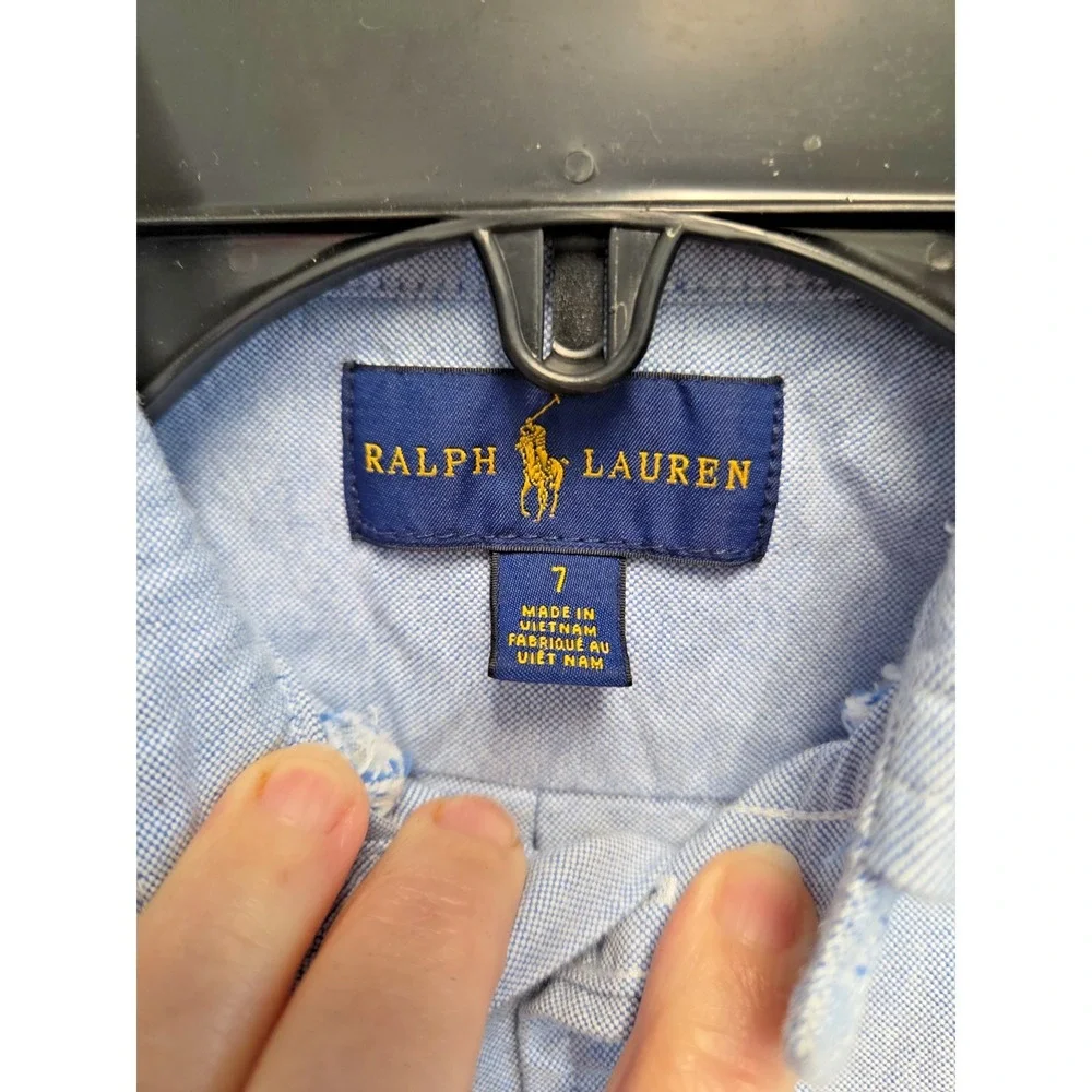 Ralph Lauren Boys‎ Button Down Oxford Shirt Sz 7 LS Flesh Pony Logo Blue